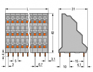 737-124 Трехуровневая клемма на печатную плату; 2,5 мм2; Шаг контактов 5 мм; 3 x 24-полюсов; CAGE CLAMP