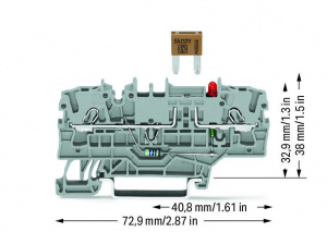 2002-1981/1000-413 2-проводные клеммы с предохранителем; для автом. плоских мини-предохранителей; с возможностью тестирования; со светодиодной индикацией перегорания предохранителя; 24 В; для DIN-рейки 35 x 15 и 35 x 7,5; 2,5 мм2; Push-in CAGE CLAMP