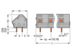 236-602 Клемма на печатную плату; 2,5 мм2; Шаг контактов 10/10,16 мм; 2-пол.; CAGE CLAMP; опция объединения
