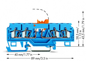 280-885 4-проводные клеммы с размыкателем / тестовые клеммы; с поворотным ножевым размыкателем; с тестовым портом; для тестовых штекеров 2 2 мм и 3 мм; подходят для исполнений Ex i; для DIN-рейки 35 x 15 и 35 x 7,5; 2,5 мм2; CAGE CLAMP