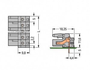 232-249 Розетка под пайку THT; 0.6 x 1.0 mm solder pin; угловые; Шаг контактов 5 мм; 19-пол.