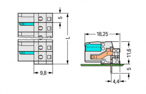 722-250 Розетка под пайку THT; 0.6 x 1.0 mm solder pin; угловые; 100% защита от неправильного подсоединения; Шаг контактов 5 мм; 20-пол.