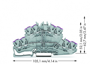 2002-2408 4-проводниковые двухуровневые клеммы; 8-проводные проходные клеммы; L:; без нанесения маркировки; внутреннее объединение; ввод проводника с фиолетовой маркировкой; для DIN-рейки 35 x 15 и 35 x 7,5; 2,5 мм2; Push-in CAGE CLAMP
