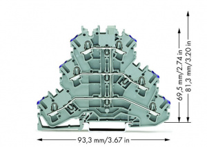 2002-3208 Трехуровневые клеммы; 6-проводные проходные клеммы; L:; без нанесения маркировки; подходят для исполнений Ex e II; внутреннее объединение; ввод проводника с фиолетовой маркировкой; для DIN-рейки 35 x 15 и 35 x 7,5; 2,5 мм2; Push-in CAGE CLAMP