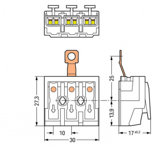 294-4423 Соединитель для светильников; нажимная кнопка, внешняя; с винтовым заземляющим контактом; 3-пол.; Стор. свет.: для одножильных проводников; Инст. стор.: для всех типов проводников; макс. 2,5 мм2; Темп. окруж. среды: макс. 85 °C (T85)