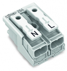 294-5012 Соединитель для светильников; нажимная кнопка, внешняя; без заземляющего контакта; 2-пол.; Стор. свет.: для одножильных проводников; Инст. стор.: для всех типов проводников; макс. 2,5 мм2; Темп. окруж. среды: макс. 85 °C (T85)