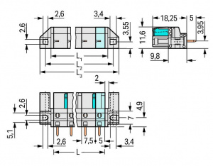 722-734/047-000 Розетка под пайку THT; 0.6 x 1.0 mm solder pin; угловые; 100% защита от неправильного подсоединения; Проходной фланец; Шаг контактов 7,5 мм; 4-пол.