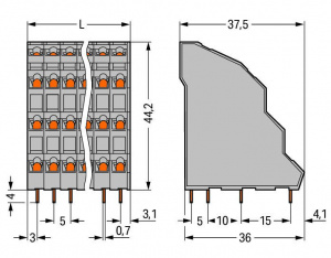 738-103 Четырехуровневая клемма на плату 48шт/уп