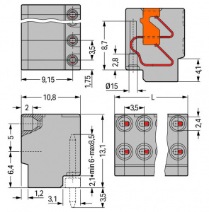252-152 2-пров. модул. разъем на печатную плату; для вилок с выводами под пайку; нажимная кнопка; 2 0,8 мм; Шаг контактов 3,5 мм; 2-пол.