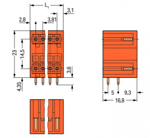 734-442 Двухуровневая вилка THT; 1.0 x 1.0 mm solder pin; угловые; 100% защита от неправильного подсоединения; Шаг контактов 3,81 мм; 24-пол.
