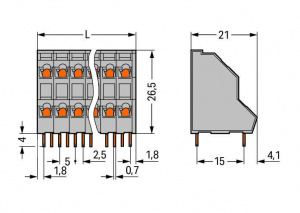 736-204 Двухуровневая клемма на печатную плату; 2,5 мм2; Шаг контактов 5 мм; 2 x 4-полюсов; CAGE CLAMP