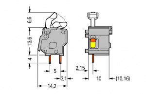 257-651 Наборная клемма на печатную плату; нажимная кнопка; 2,5 мм2; Шаг контактов 10/10,16 мм; 1-пол.; CAGE CLAMP; опция объединения