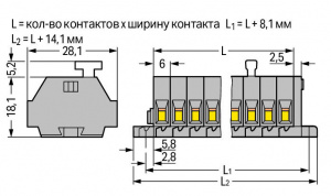 261-102/331-000 2-проводные клеммные колодки; 2-пол.; с одной стороны с нажимными кнопками; с крепежными фланцами; для винтового или аналогичных типов крепления; Крепежное отверстие 3,2 мм 2; 2,5 мм2; CAGE CLAMP