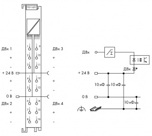 750-1422 Модуль, 4 дискретных входа; тока; 3 мс; Включение по низкому уровню; 3-проводное соединение