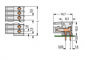 734-554 Розетка под пайку THT; 0.9 x 0.9 mm solder pin; угловые; 100% защита от неправильного подсоединения; Шаг контактов 3,5 мм; 24-пол.