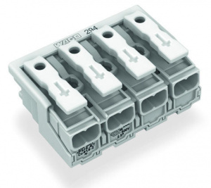 294-4004 Соединитель для светильников; нажимная кнопка, внешняя; без заземляющего контакта; 4-пол.; Стор. свет.: для одножильных проводников; Инст. стор.: для всех типов проводников; макс. 2,5 мм2; Темп. окруж. среды: макс. 85 °C (T85)