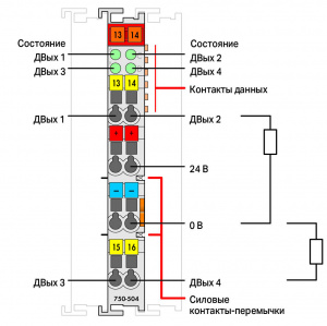 750-504/025-800 4-канальный дискретный выход; тока; 0,5 А; Защита от помех; Внешняя температура