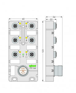 757-164 Коробка для подключения датчиков / исполнительных устройств М12; 6-канальные; 4-пол.; Соединитель M23