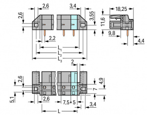 232-832/047-000 Розетка под пайку THT; 0.6 x 1.0 mm solder pin; прямые; Проходной фланец; Шаг контактов 7,5 мм; 2-пол.