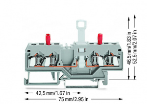 280-829 2-проводные клеммы с размыкателем / тестовые клеммы; без поворотного ножевого размыкателя; с защищенными от случайных прикосновений тестовыми разъемами; Тестовый разъем, красный; для DIN-рейки 35 x 15 и 35 x 7,5; 2,5 мм2; CAGE CLAMP