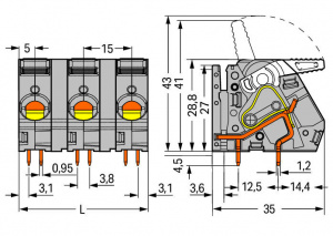 2716-252 Клемма на печатную плату; рычаг; 16 мм2; Шаг контактов 15 мм; 2-пол.; CAGE CLAMP; опция объединения