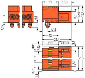 734-350/018-000 1-проводная вилка; 100% защита от неправильного подсоединения; Монтажные ножки; 1,5; Шаг контактов 3,81 мм; 20-пол.