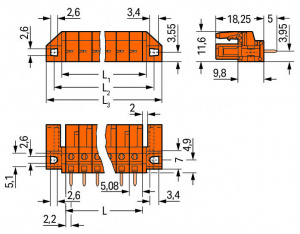 232-162/047-000 Розетка под пайку THT; 0.6 x 1.0 mm solder pin; угловые; Проходной фланец; Шаг контактов 5,08 мм; 2-пол.