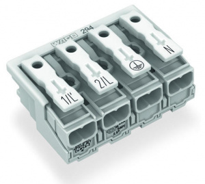 294-4024 Соединитель для светильников; нажимная кнопка, внешняя; без заземляющего контакта; 1/L2-2/L-PE-N; 4-пол.; Стор. свет.: для одножильных проводников; Инст. стор.: для всех типов проводников; макс. 2,5 мм2; Темп. окруж. среды: макс. 85 °C (T85)