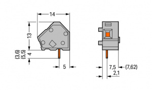 236-201 Наборная клемма на печатную плату; 2,5 мм2; Шаг контактов 7,5/7,62 мм; 1-пол.; CAGE CLAMP; опция объединения