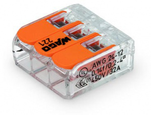 221-413 Соединитель для сращивания COMPACT; для всех типов проводников; макс. 4 мм2; 3-проводн.; с рычагами; прозрачный корпус; Темп. окруж. среды: макс. 85 °C (T85)