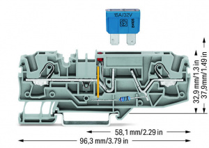 2006-1681/1000-413 2-проводные клеммы с предохранителем; для автом. плоских предохранителей; с возможностью тестирования; со светодиодной индикацией перегорания предохранителя; 24 В; для DIN-рейки 35 x 15 и 35 x 7,5; 3; Push-in CAGE CLAMP
