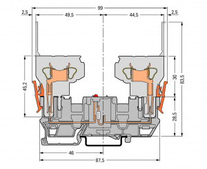 769-209/281-413 2-контактная компонентная несущая клемма; с 2 позициями для перемычки; красный светодиод; тока; для DIN-рейки 35 x 15 и 35 x 7,5
