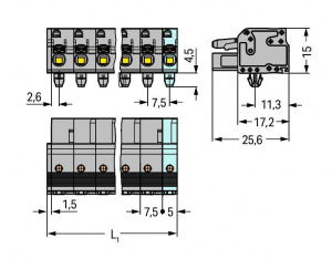 2231-202/008-000 1-проводниковая розетка; нажимная кнопка; Монтажные ножки; 2,5 мм2; Шаг контактов 7,5 мм; 2-пол.