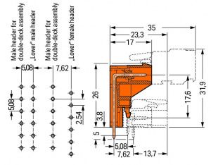 232-362 Вилка THT для двухуровневого монтажа; 1.0 x 1.0 mm solder pin; угловые; Шаг контактов 5,08 мм; 2-пол.