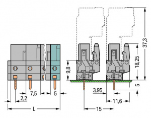 232-732 Розетка под пайку THT; 0.6 x 1.0 mm solder pin; прямые; Шаг контактов 7,5 мм; 2-пол.
