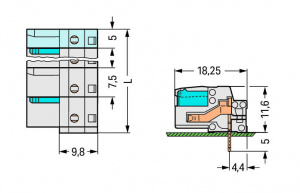 722-842 Розетка под пайку THT; 0.6 x 1.0 mm solder pin; угловые; 100% защита от неправильного подсоединения; Шаг контактов 7,5 мм; 12-пол.