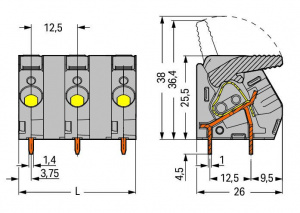 2706-312 Клемма на печатную плату; рычаг; 3; Шаг контактов 12,5 мм; 12-пол.; CAGE CLAMP