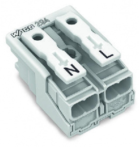 294-4012 Соединитель для светильников; нажимная кнопка, внешняя; без заземляющего контакта; 2-пол.; Стор. свет.: для одножильных проводников; Инст. стор.: для всех типов проводников; макс. 2,5 мм2; Темп. окруж. среды: макс. 85 °C (T85)