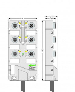 757-264/000-010 Коробка для подключения датчиков / исполнительных устройств М12; 6-канальные; 4-пол.; Соединительный кабель 10 м
