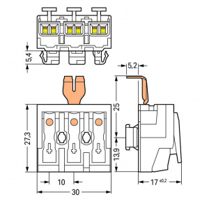294-8213 Соединитель для светильников; нажимная кнопка, внешняя; для Linect; с защелкивающимся заземляющим контактом; 3-пол.; Код. A; Стор. свет.: для одножильных проводников; Инст. стор.: для всех типов проводников; макс. 2,5 мм2; Темп. окруж. среды: мак