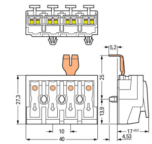 294-5224 Соединитель для светильников; нажимная кнопка, внешняя; с защелкивающимся заземляющим контактом; 1/L2-2/L-PE-N; 4-пол.; Стор. свет.: для одножильных проводников; Инст. стор.: для всех типов проводников; макс. 2,5 мм2; Темп. окруж. среды: макс. 85