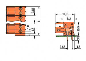 734-576 Розетка под пайку THT; 0.9 x 0.9 mm solder pin; угловые; 100% защита от неправильного подсоединения; Шаг контактов 3,81 мм; 16-пол.