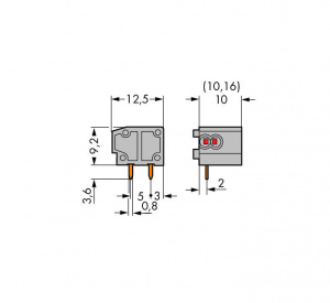235-851 Наборная 2-пров. клемма на печ. плату; 0,75 мм2; Шаг контактов 10/10,16 мм; 1-пол.; PUSH WIRE