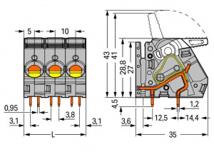 2716-155 Клемма на печатную плату; рычаг; 16 мм2; Шаг контактов 10 мм; 5-пол.; CAGE CLAMP; опция объединения