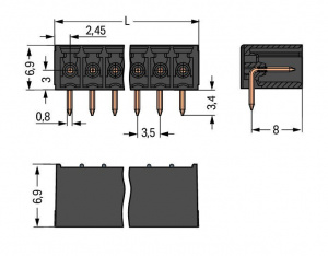 714-170 Вилка THT; 0.8 x 0.8 mm solder pin; угловые; Шаг контактов 3,5 мм; 10-пол.