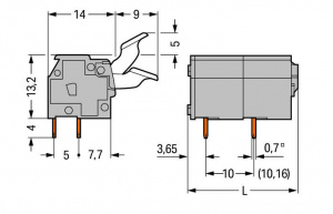 255-602/333-000 Клемма на печатную плату; кнопочные рычаги; 2,5 мм2; Шаг контактов 10/10,16 мм; 2-пол.; CAGE CLAMP; опция объединения