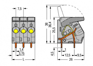2706-102 Клемма на печатную плату; рычаг; 3; Шаг контактов 7,5 мм; 2-пол.; CAGE CLAMP