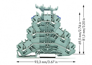 2002-3233 Трехуровневые клеммы; Проходные / проходные / проходные клеммы; L/L/N; с нанесением маркировки; подходят для исполнений Ex e II; Синее отв. для ввода пров., верх. уров.; для DIN-рейки 35 x 15 и 35 x 7,5; 2,5 мм2; Push-in CAGE CLAMP