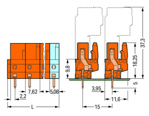 232-762 Розетка под пайку THT; 0.6 x 1.0 mm solder pin; прямые; Шаг контактов 7,62 мм; 2-пол.