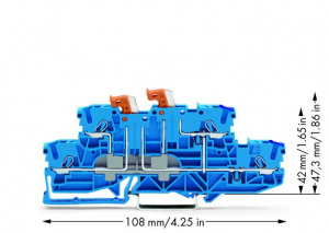 2002-2959 Двухуровневые клеммы с двойным размыкателем; с 2 поворотными ножевыми размыкателями; нижние и верхние уровни объединены внутри по правой стороне; ввод проводника с фиолетовой маркировкой; для DIN-рейки 35 x 15 и 35 x 7,5; 2,5 мм2; Push-in CAGE C